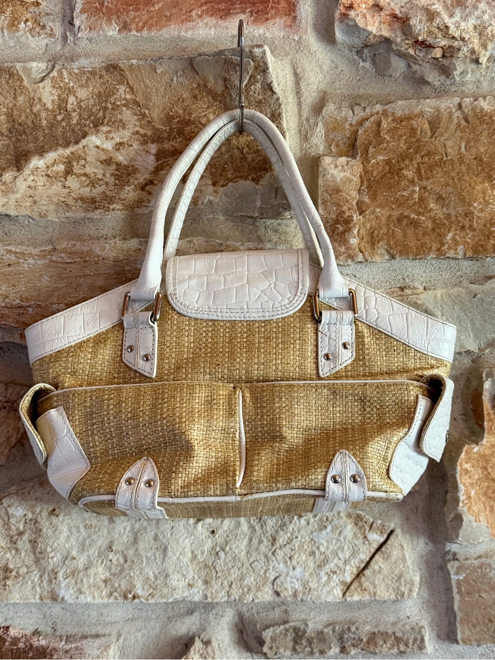 Cole Haan White Croc-Embossed Trim Straw Tote with Silver Buckle - Picture 4 of 13